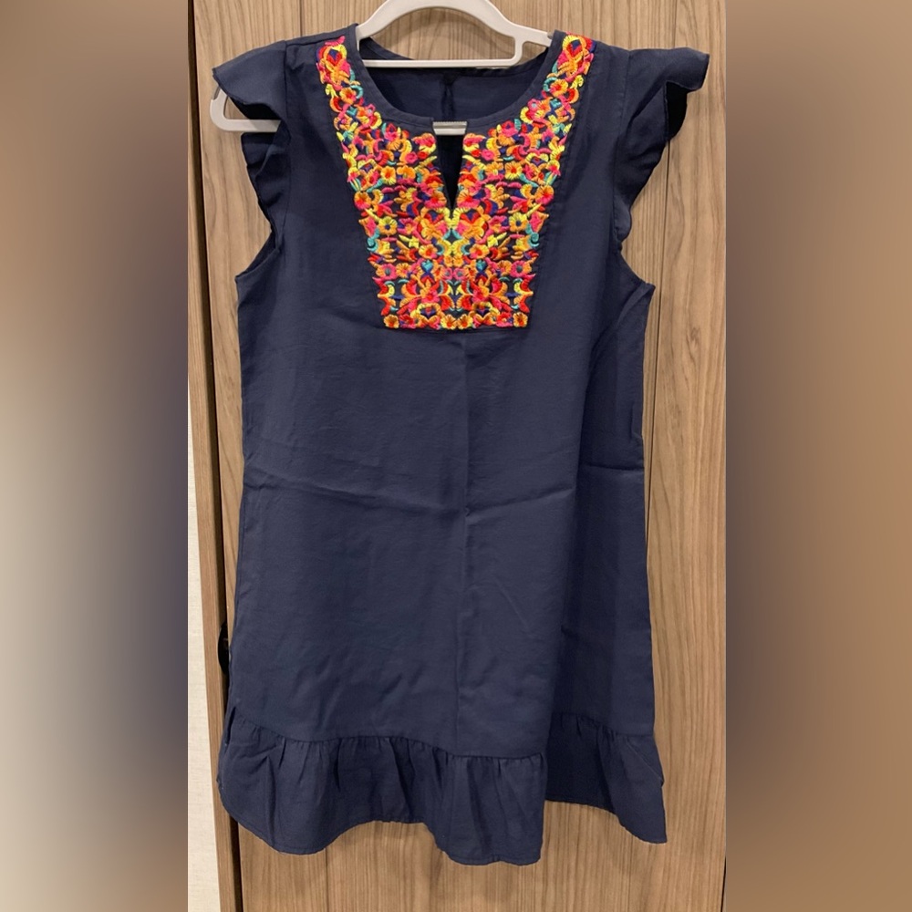 Composition Womens Short Sleeve V Neck Blue Embroidered Dress Size S